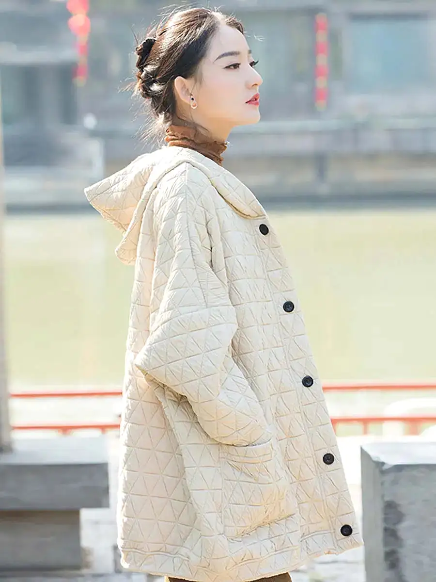 Women Button Pocket Hooded Coat