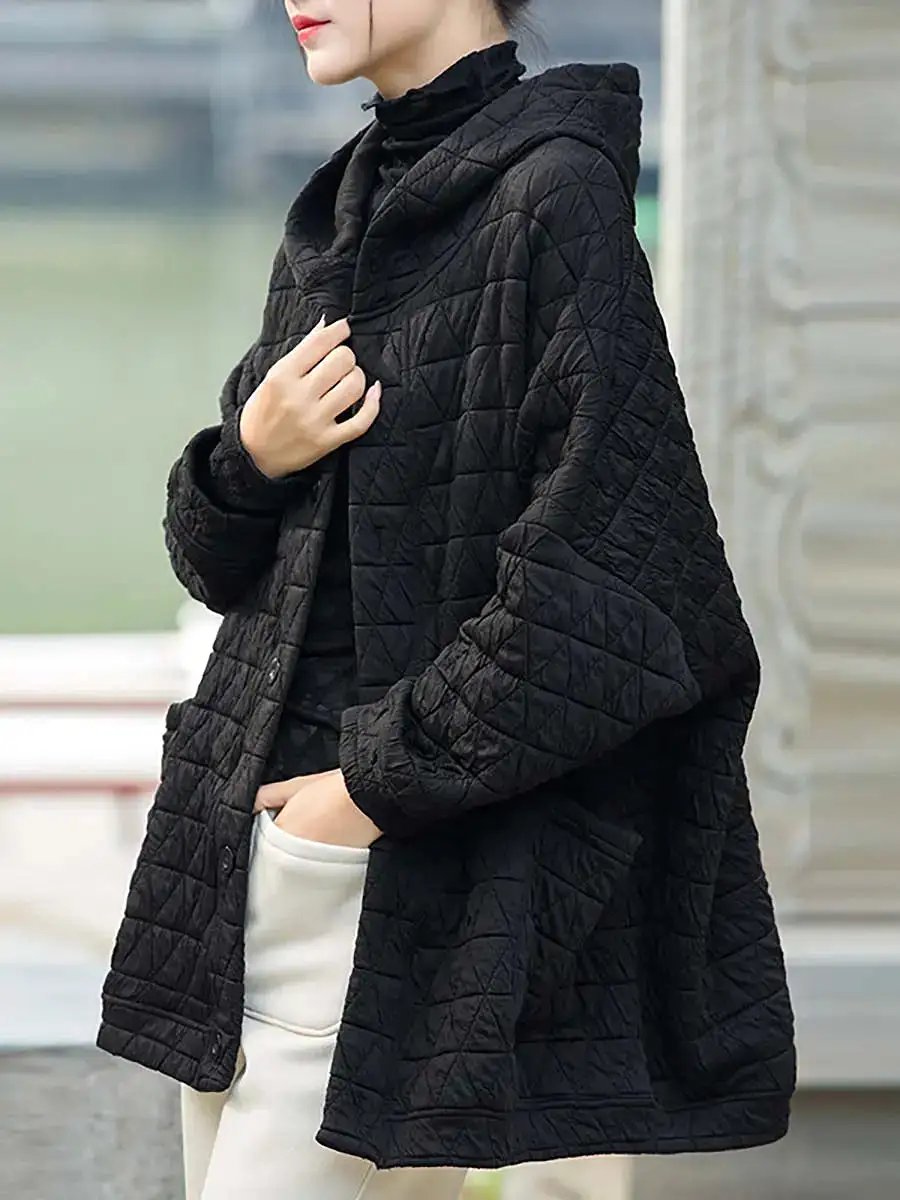 Women Button Pocket Hooded Coat