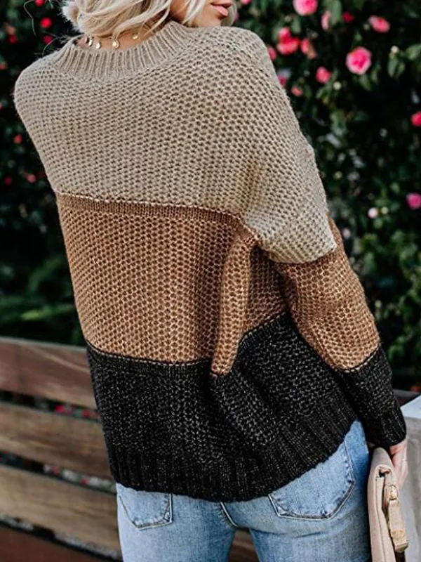 Women's Tri-Color Couture Loose Knit Long Sleeve Sweater