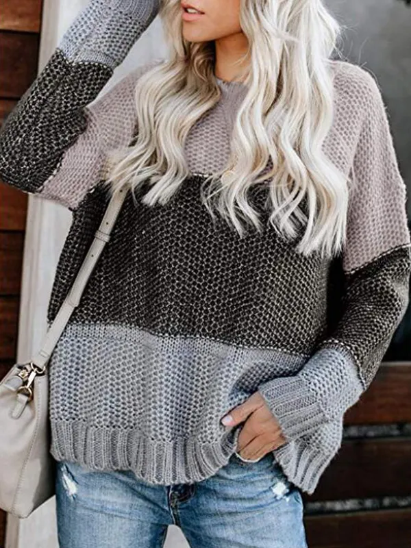 Women's Tri-Color Couture Loose Knit Long Sleeve Sweater