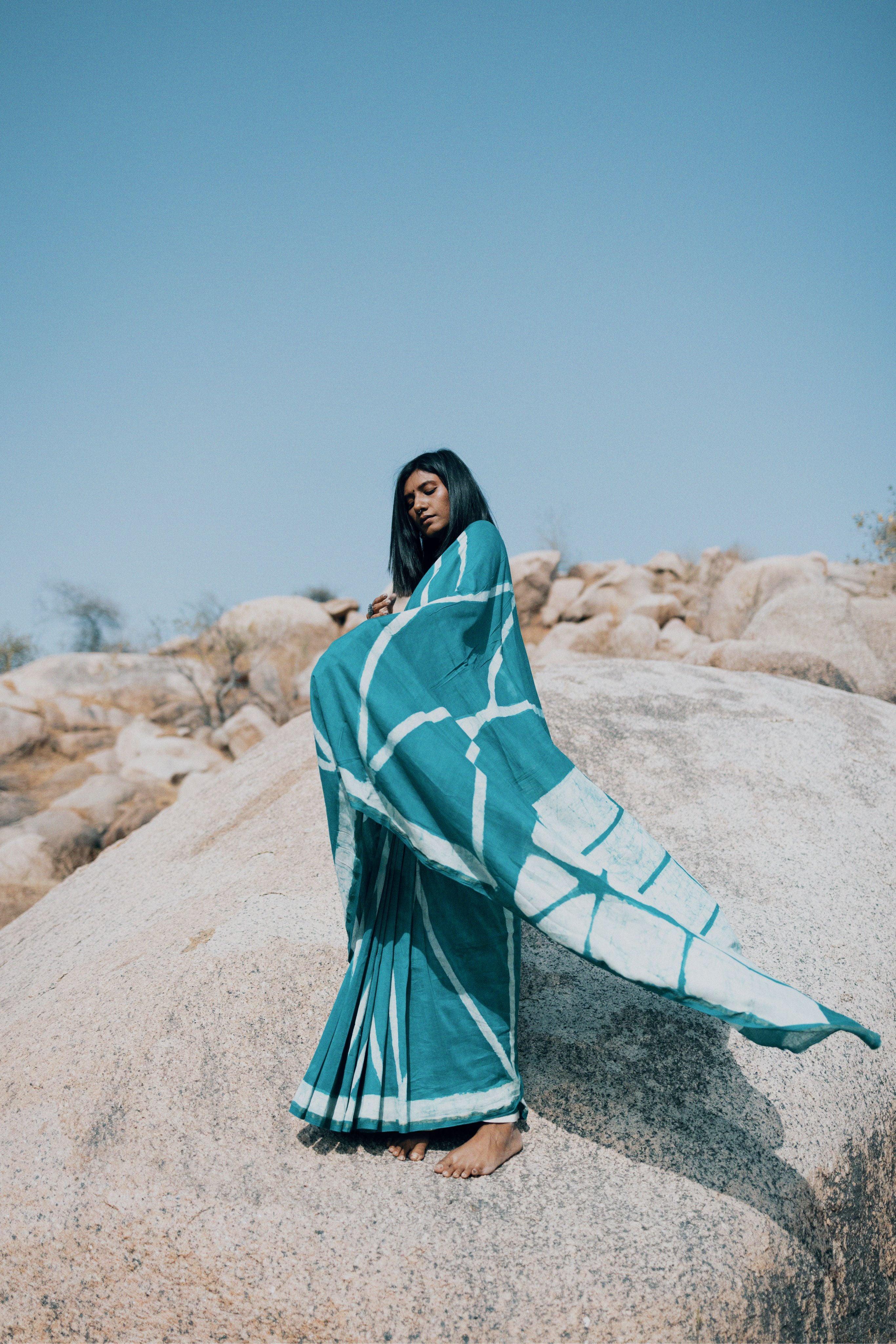 Zahra Bagru Batik dyed Light Blue Silk cotton Saree