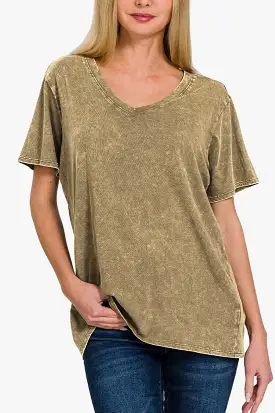 Zenana Washed Short Sleeve V-Neck T-Shirt