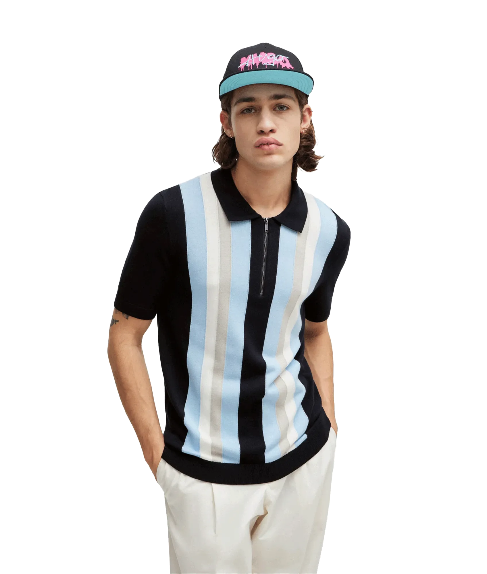 Zip-neck Polo Sweater With Vertical Stripes - Multi